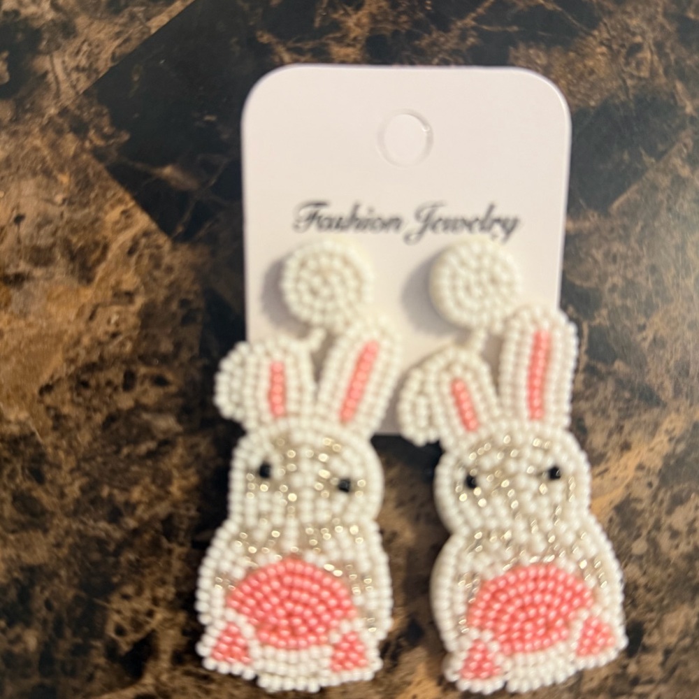 Fashion Jewelry White & Pink Beaded Bunny Earrings for women